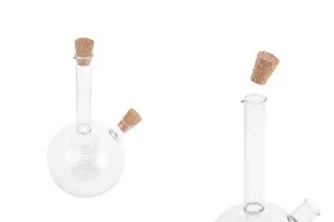 2 in 1 Oil and Vinegar Dispenser Set with 2 cork stoppers. Round 460ml hand-blown glass bottle-1