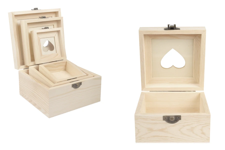 Scatola portaoggetti in legno con finestra a forma di cuore e clip - set da 3 pezzi (S -M-L)