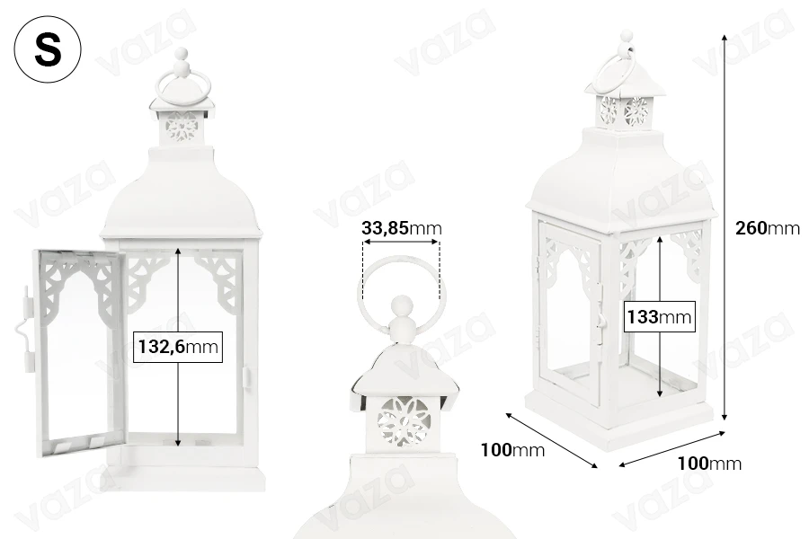 Decorated metal lantern with glass windows, 3 piece set in size S-M-L Decorated metal lantern with glass windows, 3 piece set in size S-M-L-image_dimensions