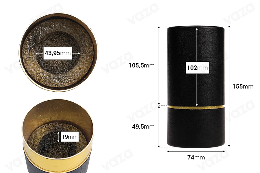 Κουτί κυλινδρικό 155x74 mm χάρτινο σε μαύρο - χρυσό χρώμα Κουτί κυλινδρικό 155x74 mm χάρτινο σε μαύρο - χρυσό χρώμα-εικόνα_διαστάσεις