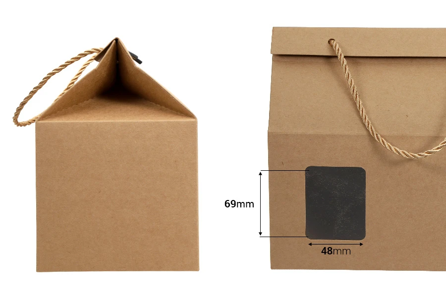 Kraft paper standing-up box-bag with rope handle and window in size 220x140x190 - 20 pcs