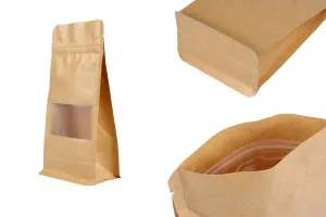 Kraftbeutel vom Typ Doy Pack, 100 x 60 x 200mm, mit „Reißverschluss“, Fenster, transparenter Innen- und Außenauskleidung und heißversiegelbar – 50 Stück