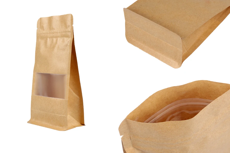 Kraftbeutel vom Typ Doy Pack, 100 x 60 x 200mm, mit „Reißverschluss“, Fenster, transparenter Innen- und Außenauskleidung und heißversiegelbar – 50 Stück