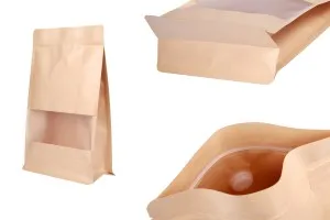 Doy Pack Kraftpapierbeutel 180 x 80 x 280mm, mit „Reißverschluss“, Ventil, Fenster, durchsichtiger Innen- und Außenauskleidung und heißversiegelbar – 25 Stück