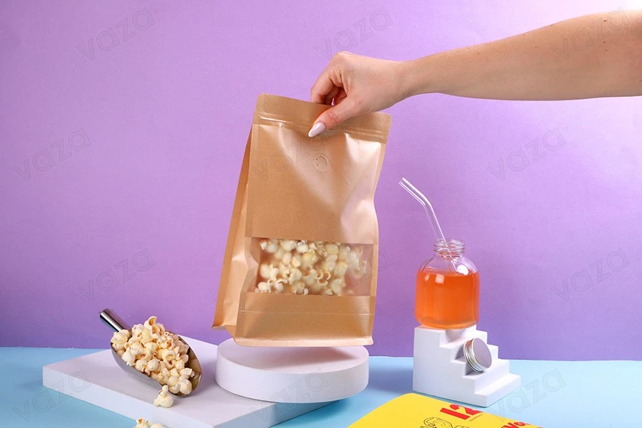 Doy Pack Kraft Bags 180x80x280 mm, with "zip" closure, valve, window, inner and outer clear lining and heat sealable - 25 pcs-