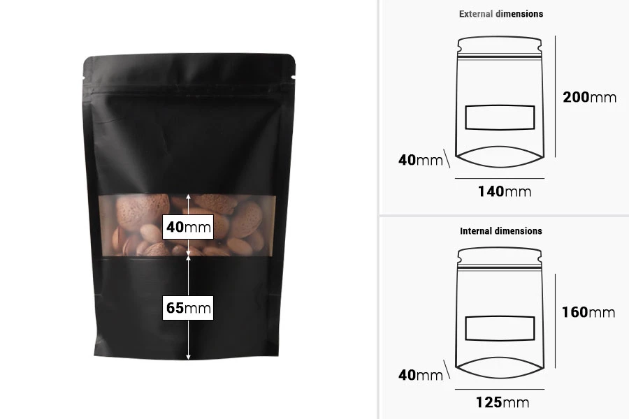 Standbodenbeutel Kraftpapier, Doy-Pack, mit Sichtfenster, Druckverschluss verschließbar 140x40x200mm - 100 Stücke Standbodenbeutel Kraftpapier, Doy-Pack, mit Sichtfenster, Druckverschluss verschließbar 140x40x200mm - 100 Stücke