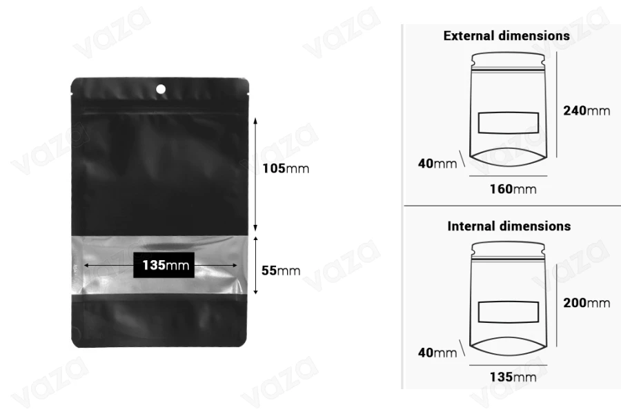 Σακουλάκια αλουμινίου τύπου Doy Pack  160x40x240 mm, με κλείσιμο "zip", παράθυρο και δυνατότητα σφράγισης με θερμοκόλληση - 100 τμχ-εικόνα_διαστάσεις