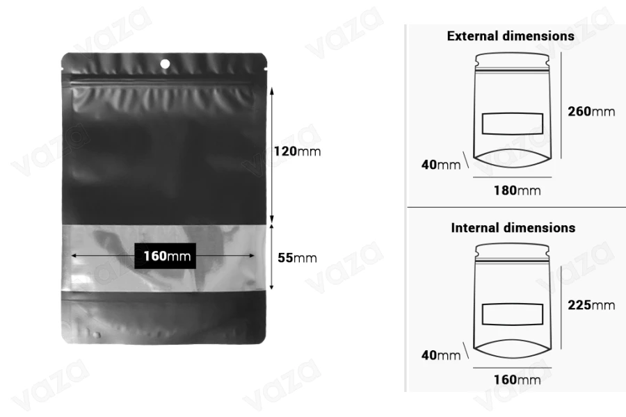 Sacchetti termosaldabili tipo Doy Pack  180x40x260 mm in alluminio con chiusura a zip e finestra - 100 pz-εικόνα_διαστάσεις