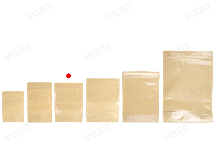 Qese të tipit Doypack 140x40x200 mm, pjesa e pasme kraft (14c), pjesa e përparme transparente (8c), me mbyllje me zip, me mbyllje termike- 100 copë-imazh_grup