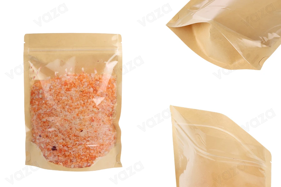 Qese të tipit Doypack 160x40x220 mm, pjesa e pasme kraft (14c), pjesa e përparme transparente (8c), me mbyllje me zip, me mbyllje termike- 100 copë-imazh_produkt