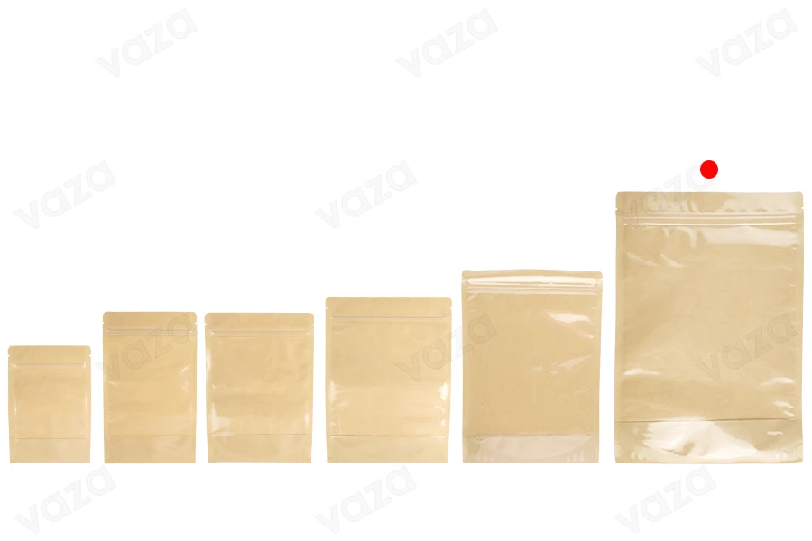 Qese të tipit Doypack 200x50x300 mm, pjesa e pasme kraft (14c), pjesa e përparme transparente (8c), me mbyllje me zip, me vulosje termike - 100 copë-imazh_grup