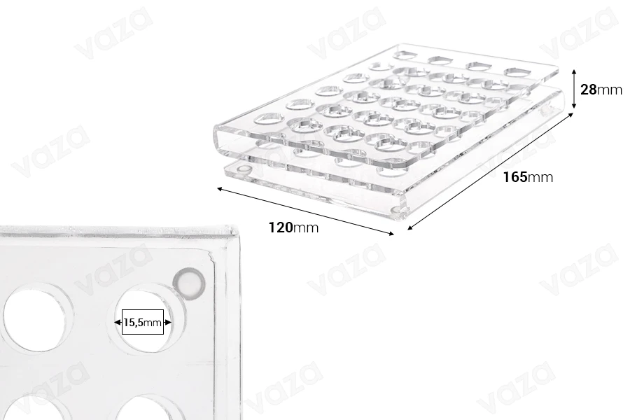 Σταντ (stand) plexiglass 165x120x28 με πόδια σιλικόνης - 24 θέσεων (άνοιγμα τρύπας 15,5 mm) Σταντ (stand) plexiglass 165x120x28 με πόδια σιλικόνης - 24 θέσεων (άνοιγμα τρύπας 15,5 mm)-εικόνα_διαστάσεις
