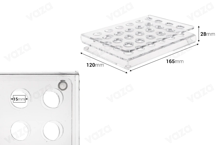 Espositore (stand) in plexiglass 165x120x28 con gambe in silicone - 24 posti (apertura del foro di 15 mm).-εικόνα_διαστάσεις