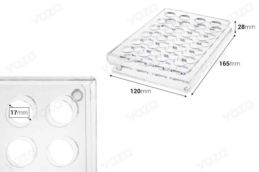 Σταντ (stand) plexiglass 165x120x28 με πόδια σιλικόνης - 24 θέσεων (άνοιγμα τρύπας 17 mm) Σταντ (stand) plexiglass 165x120x28 με πόδια σιλικόνης - 24 θέσεων (άνοιγμα τρύπας 17 mm)-εικόνα_διαστάσεις