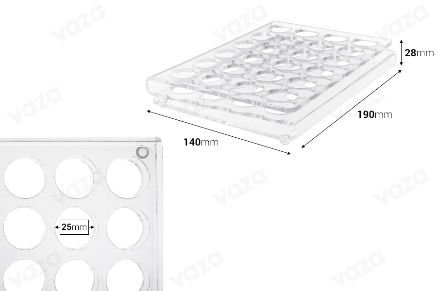 Plexiglass display rack stand in size 190x140x28 with silicon feet and 24 holes (25 mm hole opening) Plexiglass display rack stand in size 190x140x28 with silicon feet and 24 holes (25 mm hole opening)-image_dimensions