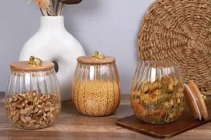 Βάζο γυάλινο 700 ml μπρονζέ, με ξύλινο καπάκι, λάστιχο και χρυσό μεταλλικό κρίκο-3