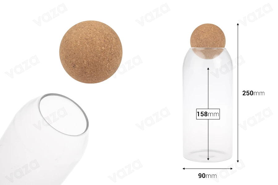 Γυάλινο δοχείο 1100 ml διάφανο με φυσικό φελλό σε σφαιρικό σχήμα-εικόνα_διαστάσεις