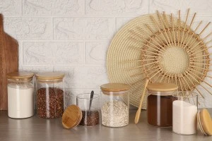 Γυάλινο βάζο 450 ml κυλινδρικό με ξύλινο καπάκι και λάστιχο-5