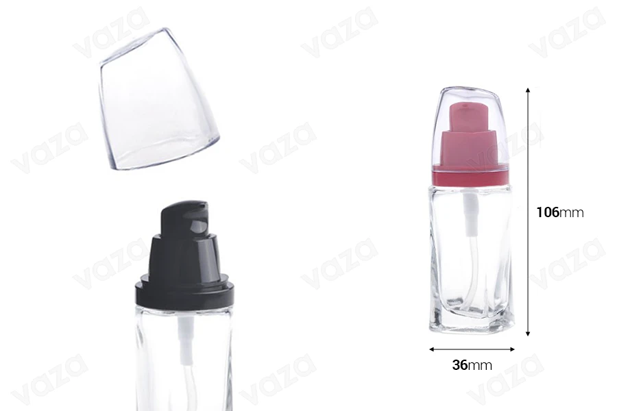 Flacone in vetro per crema da 30 ml con pompetta nera o rossa e tappo in plastica trasparente Flacone in vetro per crema da 30 ml con pompetta nera o rossa e tappo in plastica trasparente-εικόνα_διαστάσεις