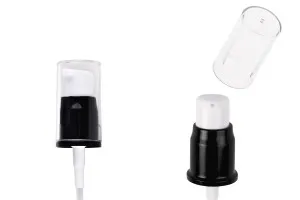 Aluminum cream dispenser pump in black or white color with PP18 finish and transparent acrylic overcap