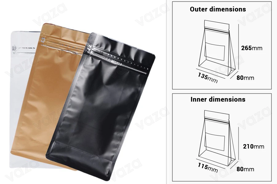 Doy Pack type aluminum bags, closing with heat sealing, opening with security tape and using the zipper 135x80x265 mm - 3 colors-image_dimensions