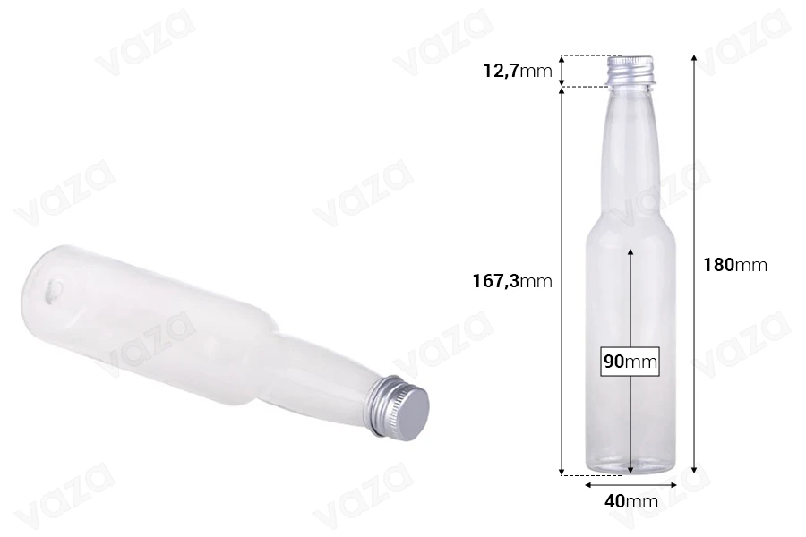 Μπουκαλάκι διάφανο πλαστικό 150 ml με ασημί αλουμινένιο καπάκι και εσωτερικό liner-εικόνα_διαστάσεις