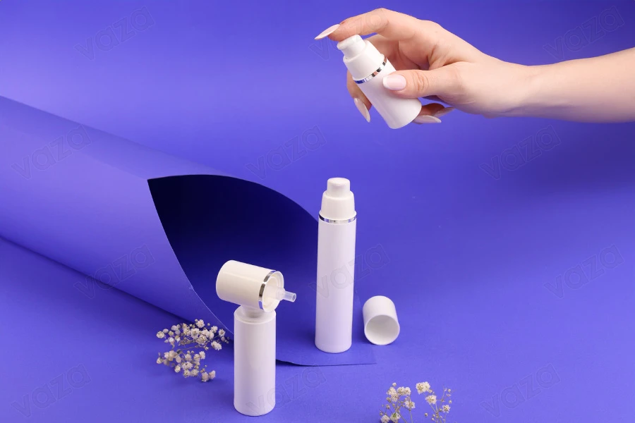 Μπουκαλάκι airless για κρέμα 15 ml πλαστικό λευκό με ασημί ρίγα Μπουκαλάκι airless για κρέμα 15 ml πλαστικό λευκό με ασημί ρίγα-εικόνα_σύνθεση