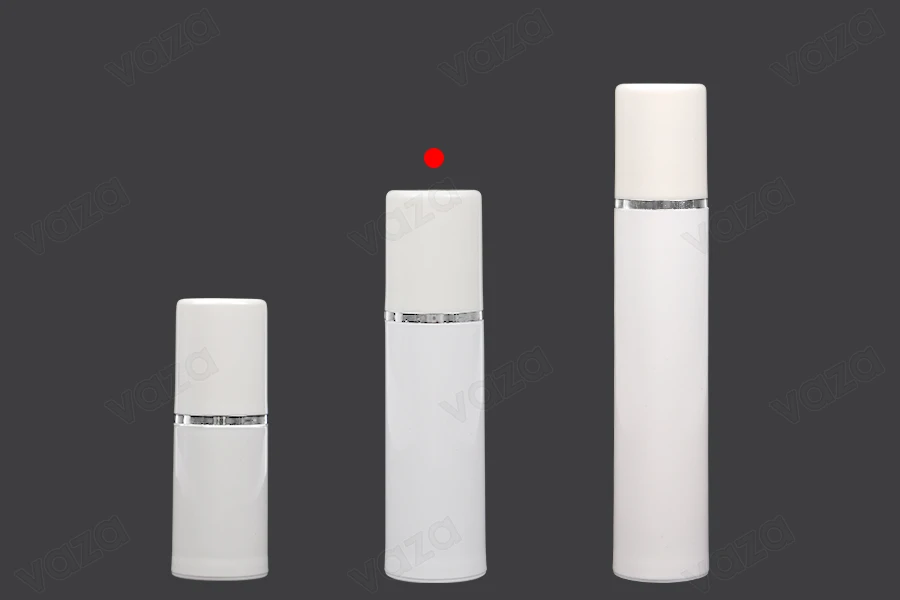 Airless Spender für Creme 30 ml aus Kunstoff, weiß mit silbernem Streifen-bildgruppe