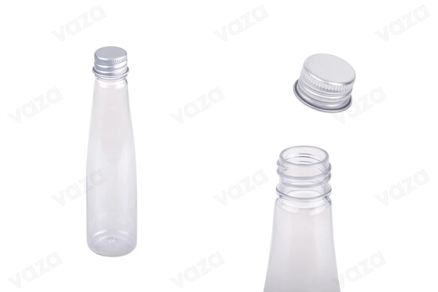 Μπουκαλάκι πλαστικό διάφανο 85 ml με ασημί αλουμινένιο καπάκι και εσωτερικό liner-εικόνα_προϊοντική