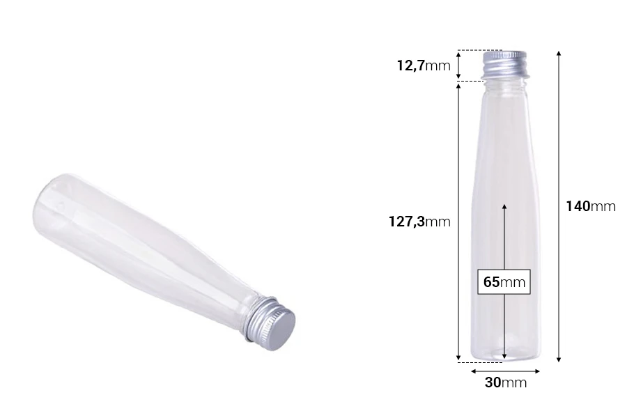 Μπουκαλάκι πλαστικό διάφανο 85 ml με ασημί αλουμινένιο καπάκι και εσωτερικό liner Μπουκαλάκι πλαστικό διάφανο 85 ml με ασημί αλουμινένιο καπάκι και εσωτερικό liner
