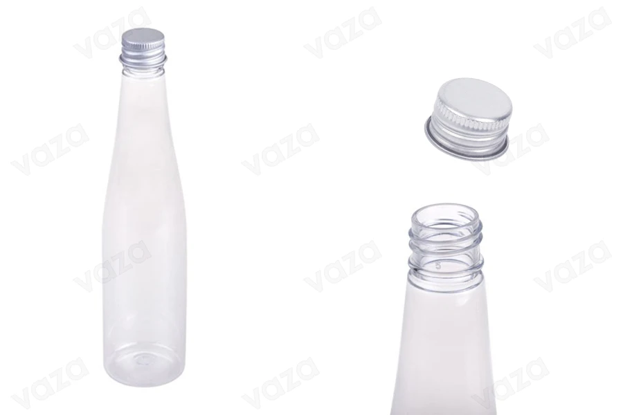 Μπουκαλάκι πλαστικό διάφανο 150 ml με ασημί αλουμινένιο καπάκι και εσωτερικό liner-εικόνα_προϊοντική