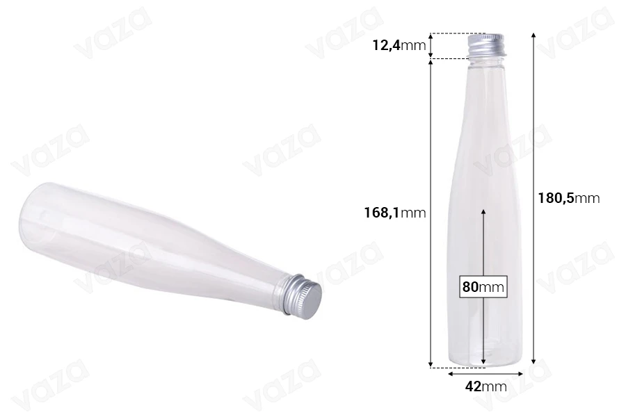 Μπουκαλάκι πλαστικό διάφανο 150 ml με ασημί αλουμινένιο καπάκι και εσωτερικό liner-εικόνα_διαστάσεις