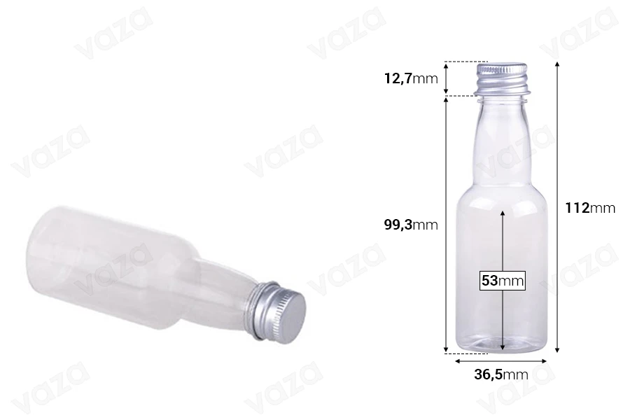 Flasche aus Kunststoff transparent 70 ml mit Alu- Deckel und innerem Liner-bildabmessungen