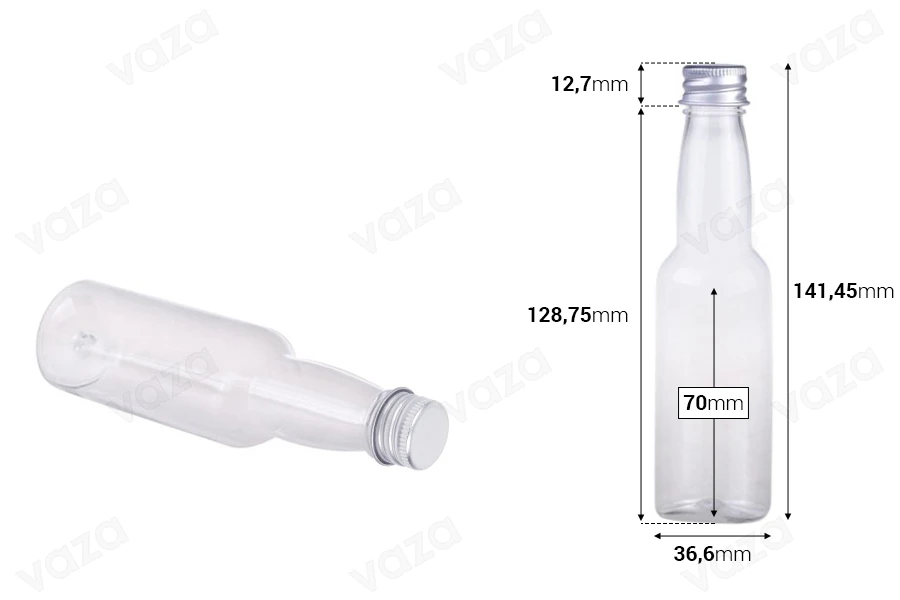 Μπουκαλάκι πλαστικό διάφανο 100 ml με ασημί αλουμινένιο καπάκι και εσωτερικό liner-εικόνα_διαστάσεις