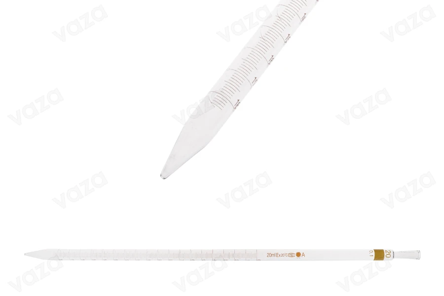 Pipetë qelqi e shkallëzuar për volum të përcaktuar 20 ml Pipetë qelqi e shkallëzuar për volum të përcaktuar 20 ml-imazh_produkt
