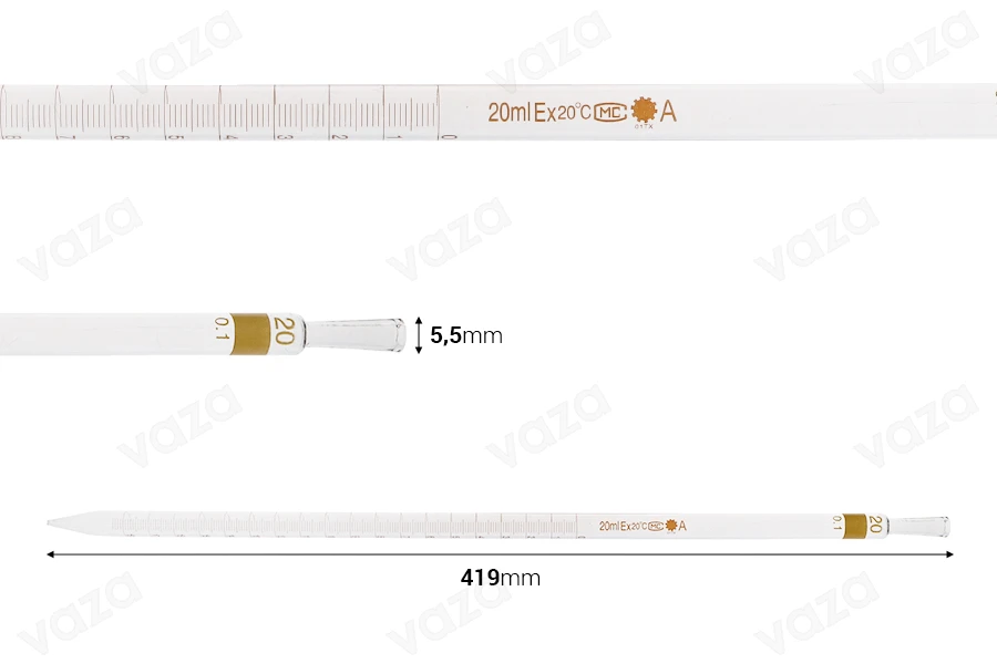 Pipetë qelqi e shkallëzuar për volum të përcaktuar 20 ml Pipetë qelqi e shkallëzuar për volum të përcaktuar 20 ml-imazh_dimensione