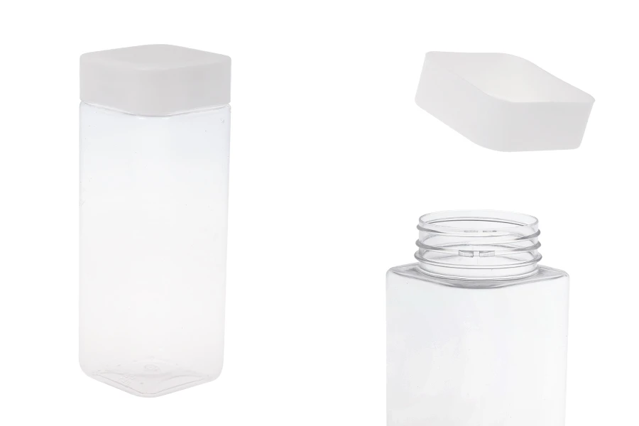Βάζο για άλατα 750 ml, τετράγωνο, διάφανο, πλαστικό (PET) με άσπρο καπάκι και υψίσυχνο παρέμβυσμα
