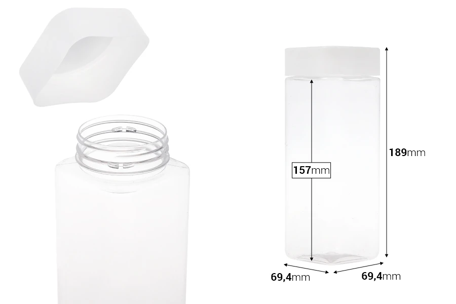 Βάζο για άλατα 750 ml, τετράγωνο, διάφανο, πλαστικό (PET) με άσπρο καπάκι και υψίσυχνο παρέμβυσμα
