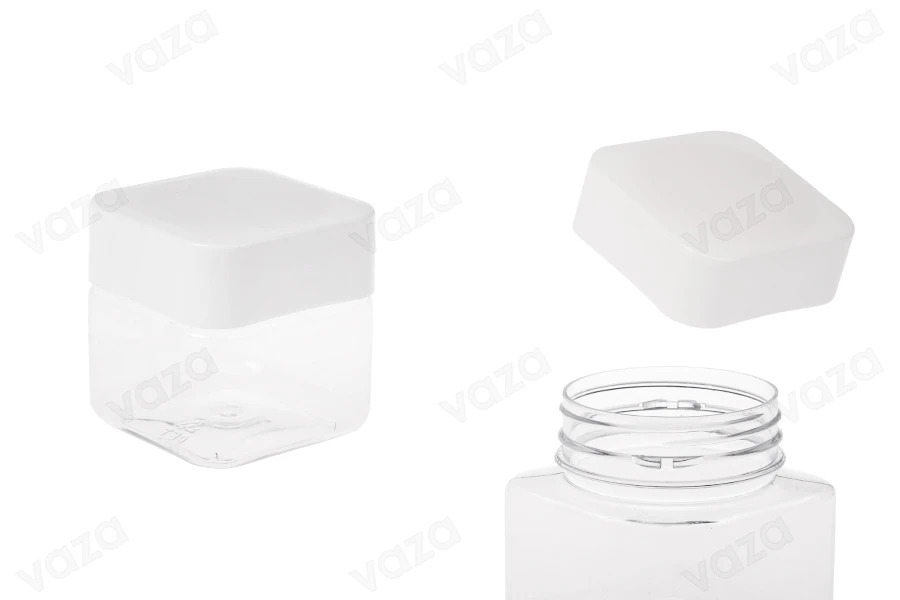 Pet-Dose 225ml viereckig transparent für Salze mit weißem Deckel und Abdichtscheibe Pet-Dose 225ml viereckig transparent für Salze mit weißem Deckel und Abdichtscheibe-produktbild