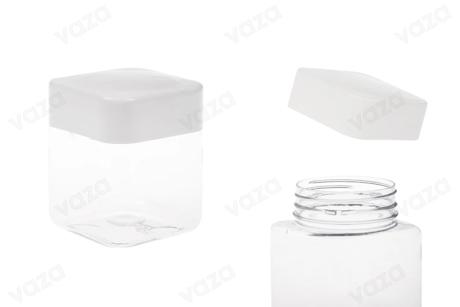 Transparent 280ml square PET jar with white cap and high-frequency inner liner-image_product