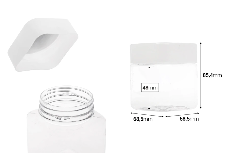 Pet-Dose 280ml transparent, viereckig für Salze mit weißem Deckel und Abdichtscheibe