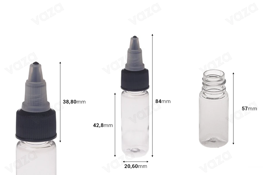 Bouteille PET de 10 ml avec bouchon unicorn noir pour cigarette électronique - 50 pcs Bouteille PET de 10 ml avec bouchon unicorn noir pour cigarette électronique - 50 pcs-photo_dimensions