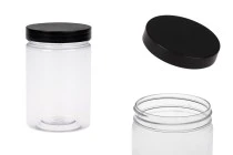 Transparent 250ml PET jar for bath soaks with black cap in size 65x100 mm Transparent 250ml PET jar for bath soaks with black cap in size 65x100 mm