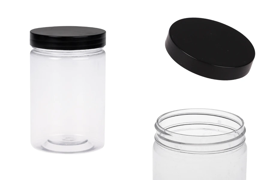 Transparent 250ml PET jar for bath soaks with black cap in size 65x100 mm Transparent 250ml PET jar for bath soaks with black cap in size 65x100 mm