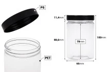 Transparent 250ml PET jar for bath soaks with black cap in size 65x100 mm Transparent 250ml PET jar for bath soaks with black cap in size 65x100 mm