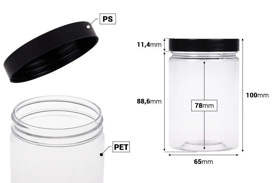 Transparent 250ml PET jar for bath soaks with black cap in size 65x100 mm Transparent 250ml PET jar for bath soaks with black cap in size 65x100 mm