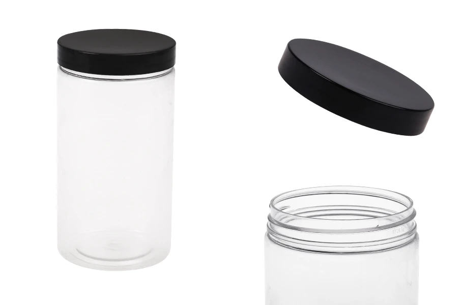 Pot pour sels de 350ml en plastique transparent avec couvercle noir 65 x 120 mm