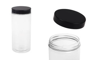 Transparent 400ml plastic PET jar for bath salts with black cap in size  65x145 mm-1