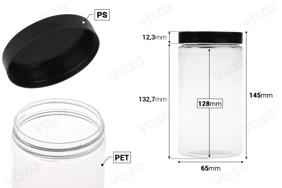 Βάζο για άλατα 400 ml πλαστικό (PET) διάφανο με μαύρο καπάκι 65x145 mm Βάζο για άλατα 400 ml πλαστικό (PET) διάφανο με μαύρο καπάκι 65x145 mm-εικόνα_διαστάσεις