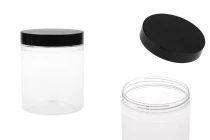 Pot pour sels de bain de 750ml en plastique transparent avec couvercle noir 100 x 120 mm Pot pour sels de bain de 750ml en plastique transparent avec couvercle noir 100 x 120 mm